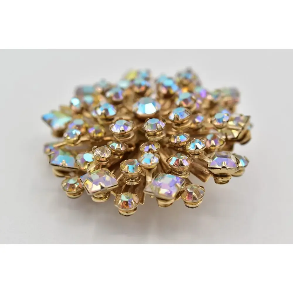Vintage Crystal Starburst Flower Pin Brooch Aurora Borealis Rhinestone 60s BinBI
